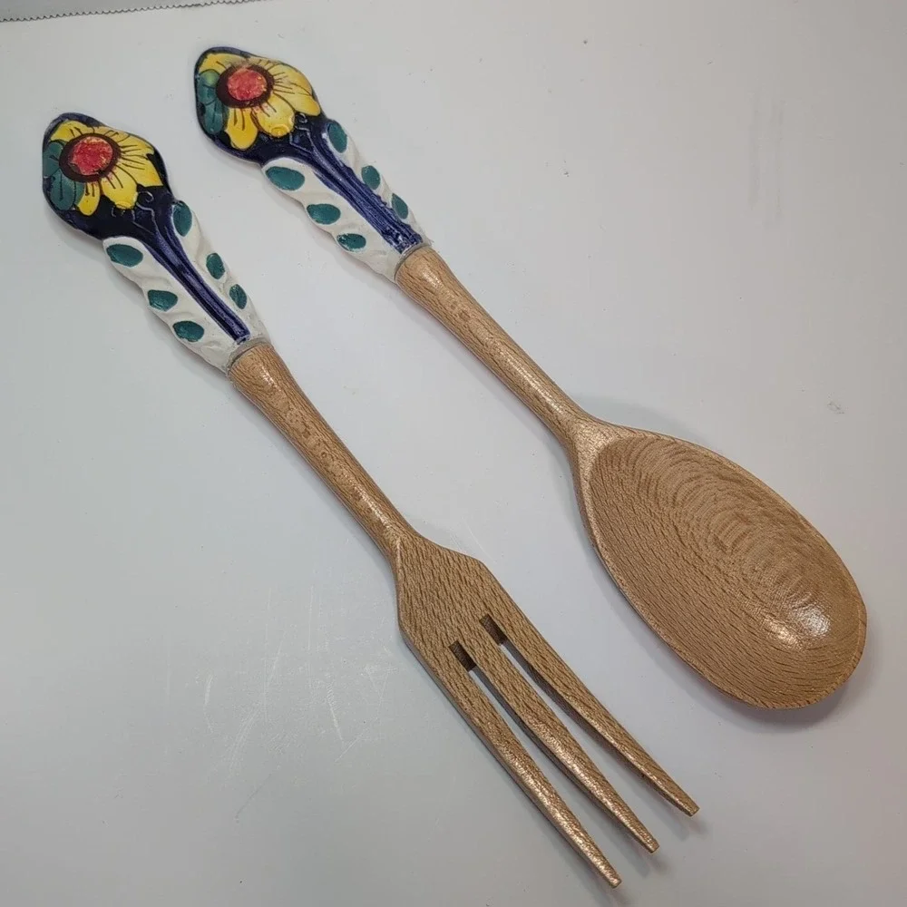 Assisi Serving Spoon & Form Wooden Ceramic HAndle Blue Sunflower Floral Folk Art